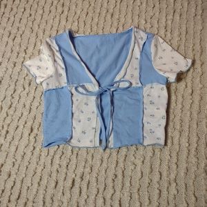 Blue floral patchwork tie front top